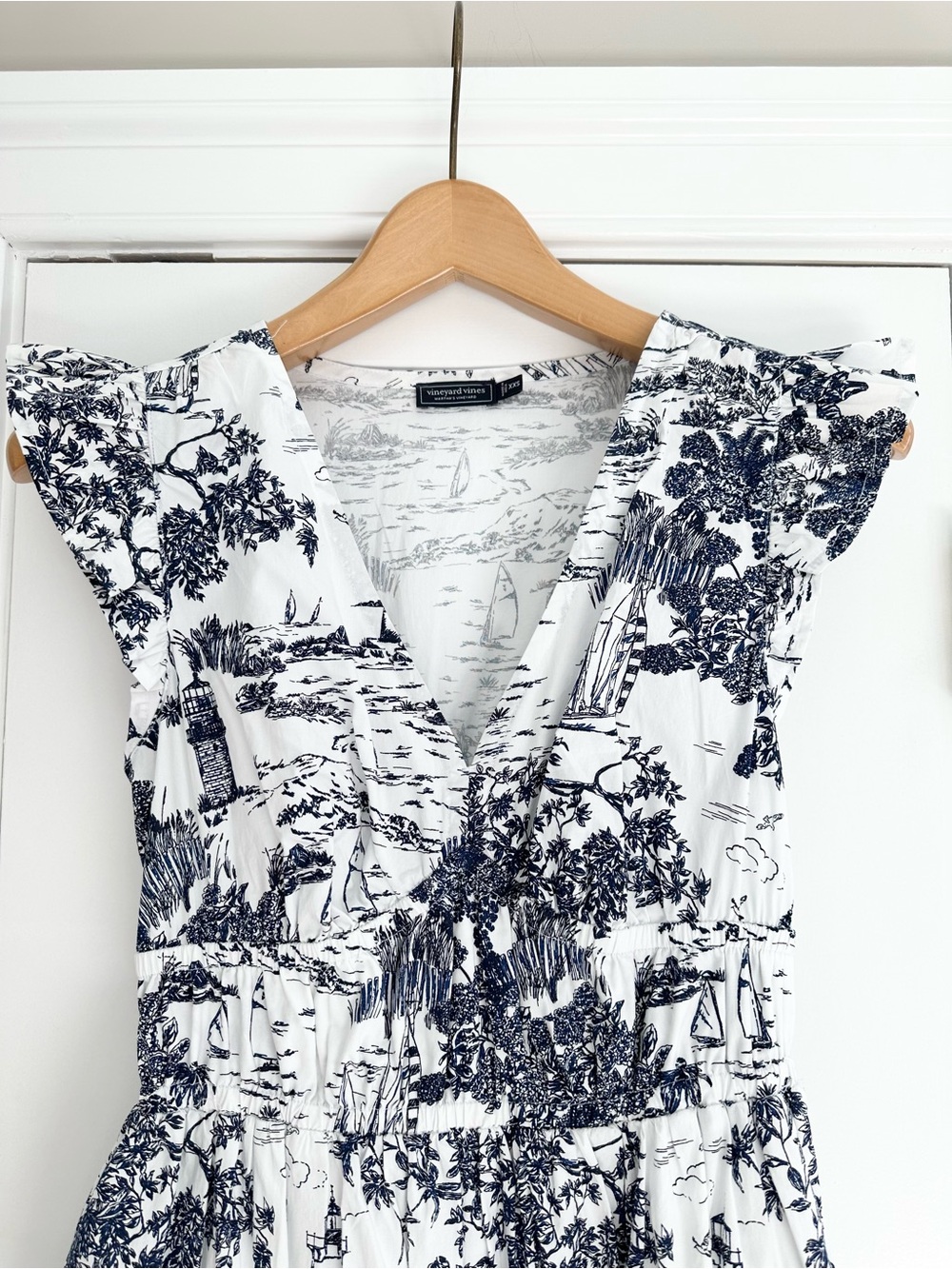 Marina Poplin Flutter-Sleeve Midi Dress Navy Toile - Picture 2 of 5